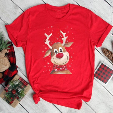 Lovely Deer Santa Printed Christmas T Shirt