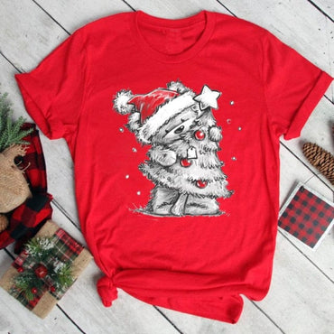 Lovely Deer Santa Printed Christmas T Shirt