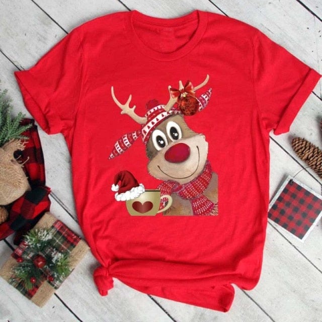 Lovely Deer Santa Printed Christmas T Shirt