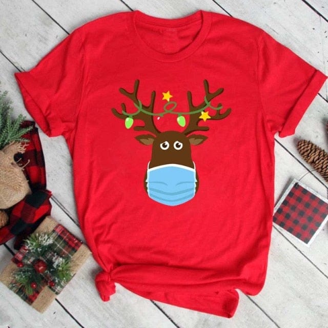 Lovely Deer Santa Printed Christmas T Shirt