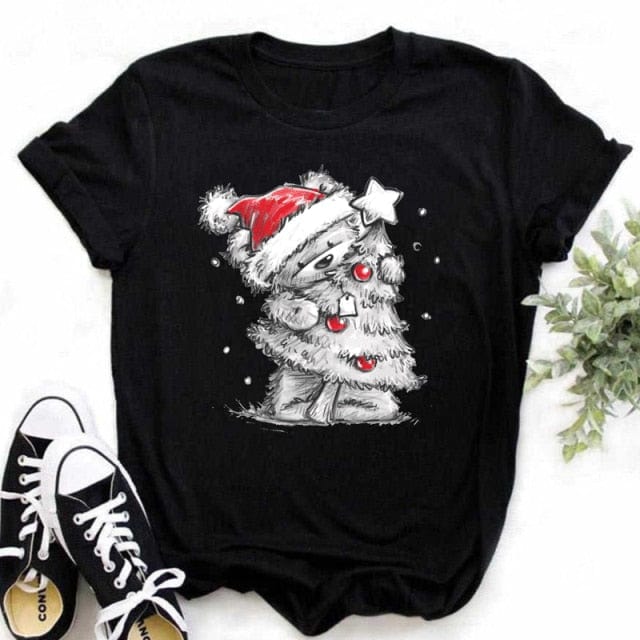 Lovely Deer Santa Printed Christmas T Shirt