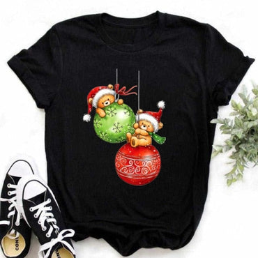 Lovely Deer Santa Printed Christmas T Shirt