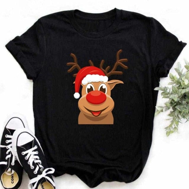 Lovely Deer Santa Printed Christmas T Shirt