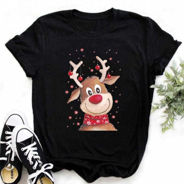 Lovely Deer Santa Printed Christmas T Shirt