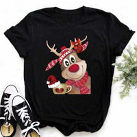 Lovely Deer Santa Printed Christmas T Shirt