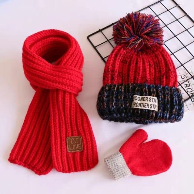 Three-piece winter set of hat scarf and gloves