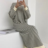Loose Striped Knitted Mid Calf Pullover