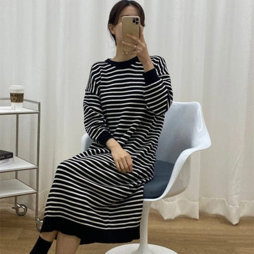 Loose Striped Knitted Mid Calf Pullover