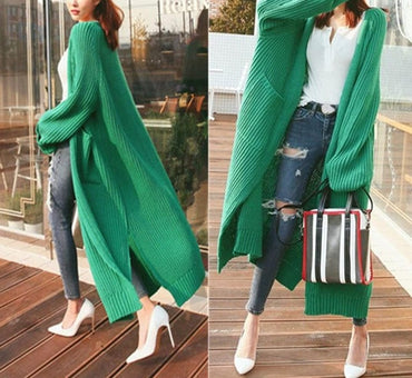 Full Length Green Knitted Winter Cardigan