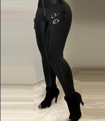 Faux Leather Casual Buckle PU Trouser