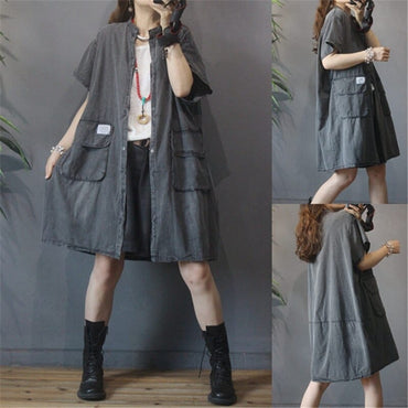 Retro Big Pockets Denim Trench Shirt