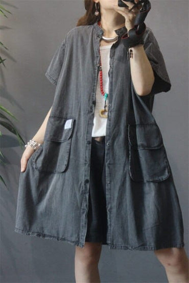 Retro Big Pockets Denim Trench Shirt
