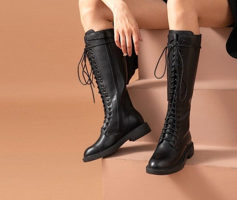 Real Leather Knee High Lace-Up Boots