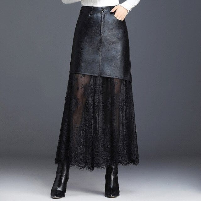 Lace PU Leather Long Skirt