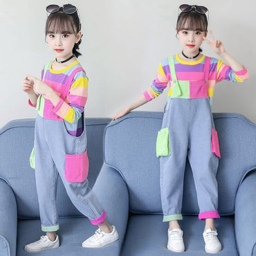 Girls Rainbow Striped Two-piece Clothing Set