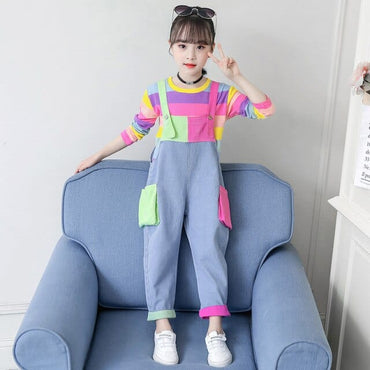 Girls Rainbow Striped Two-piece Clothing Set