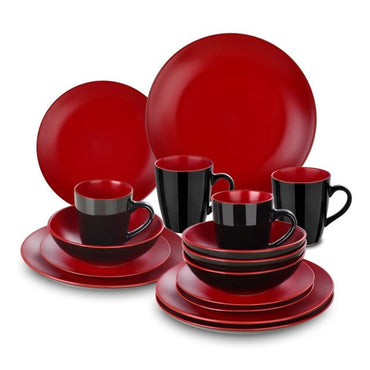 16/32/48-Piece Matte Black & Red Dinnerware Set