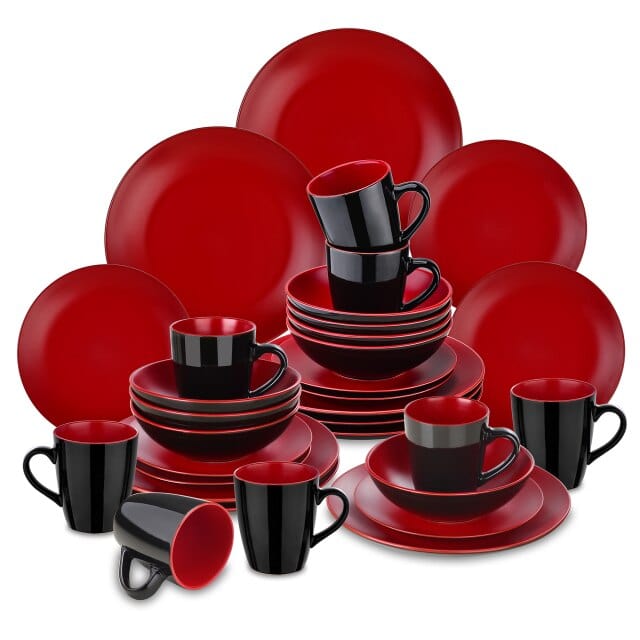 16/32/48-Piece Matte Black & Red Dinnerware Set