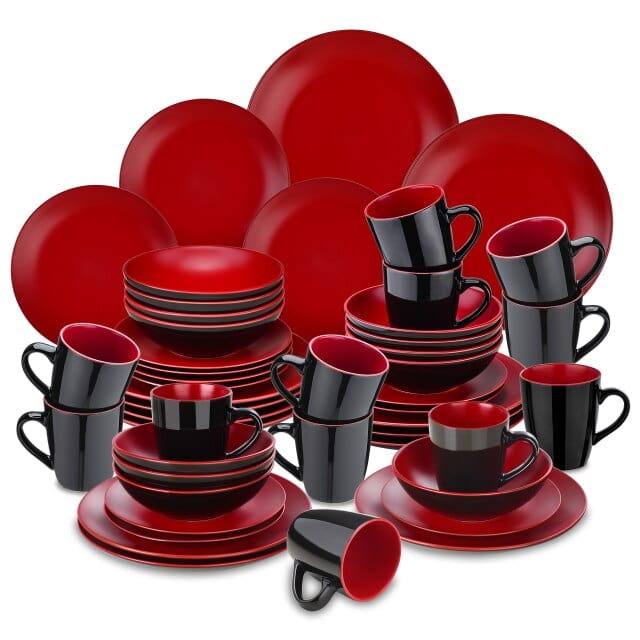 16/32/48-Piece Matte Black & Red Dinnerware Set