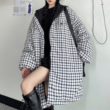 Hooded Loose Plaid Down Jacket