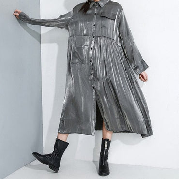 Solid Gray Long Sleeve Pleated Dress