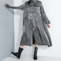 Solid Gray Long Sleeve Pleated Dress