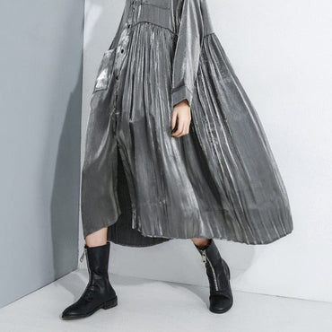 Solid Gray Long Sleeve Pleated Dress