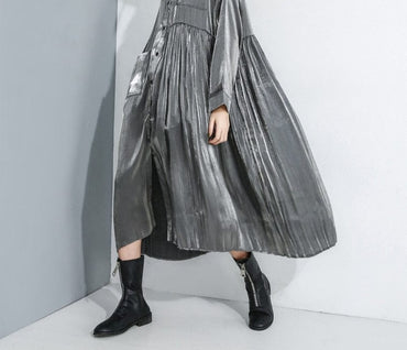 Solid Gray Long Sleeve Pleated Dress