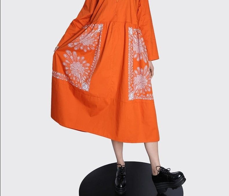 Spring Orange Shirt Dress Loose Fit