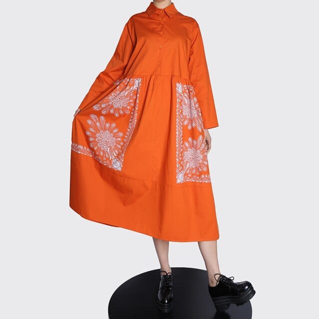 Spring Orange Shirt Dress Loose Fit