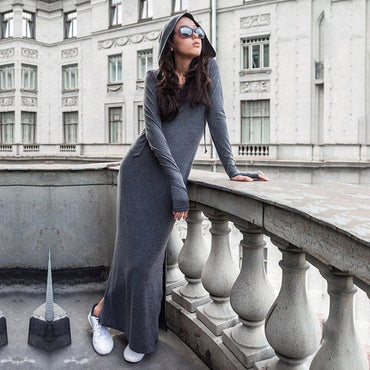Split-Side Hooded Drawstring Maxi Dress