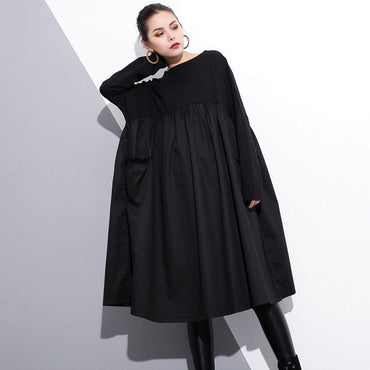 Loose Black Split-Joint Midi Dress