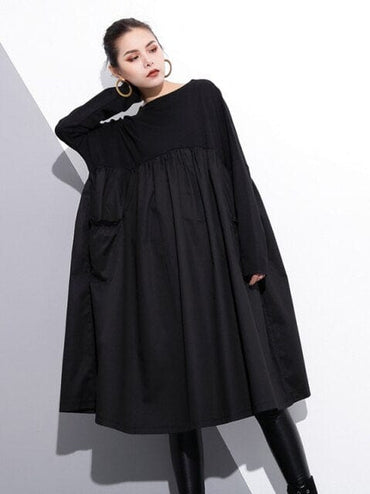 Loose Black Split-Joint Midi Dress