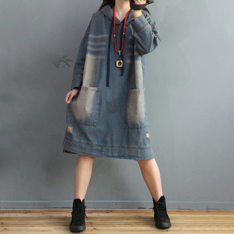 Retro Hooded Denim Jeans Dress