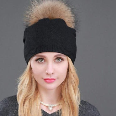 Knitted Fur Winter Beanie Hat