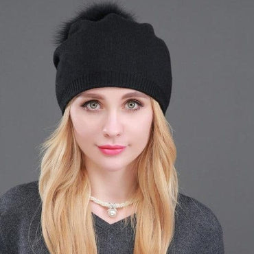 Knitted Fur Winter Beanie Hat