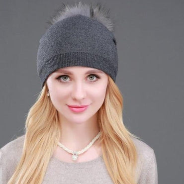 Knitted Fur Winter Beanie Hat