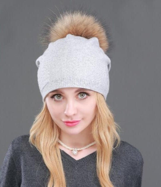 Knitted Fur Winter Beanie Hat