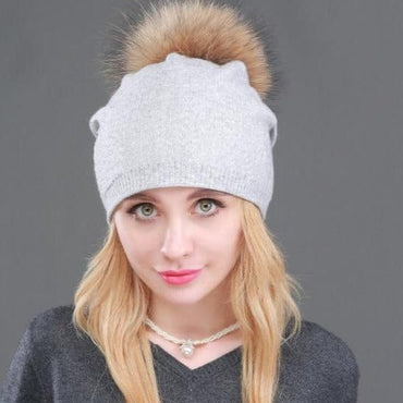 Knitted Fur Winter Beanie Hat