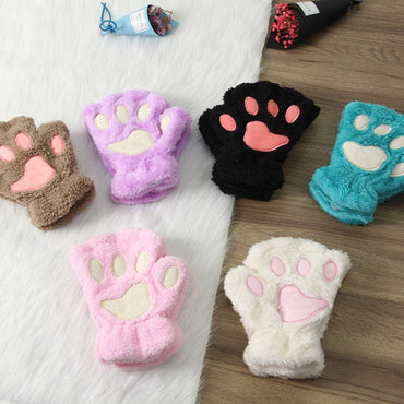 1Pair Girls Fluffy Paw Gloves