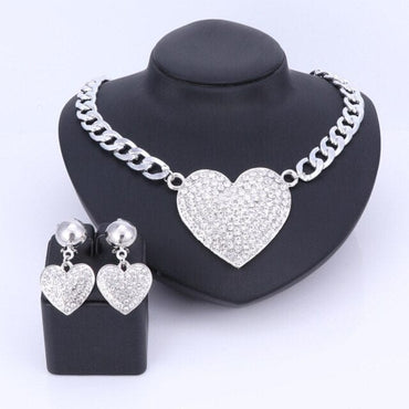 Wedding Jewelry Statement Crystal Rhinestones Necklace Earrings Jewelry Set Heart Shape Bridal Jewellery Gold/silver Color - east2cart.uk