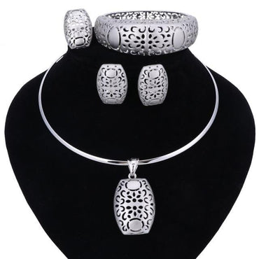 Nigerian Wedding African Beads Jewelry Sets Silver Color Women Necklaces Party Fashion Flowers Hollow Jewellery Accessories - east2cart.uk