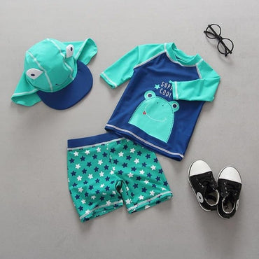 Baby Boys Frog Print Two Pieces + Cap Swimsuit - east2cart.uk