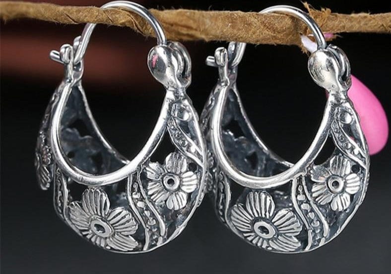 V.YA 2018 Vintage Flower Hoop Earrings 925 Sterling Silver Earrings Brincos Women Mother Day Gift Fine Jewelry - east2cart.uk