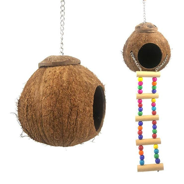 Natural Coconut Shell Bird Nest House Hut Cage Feeder Pet Parrot with Hanging Lanyard Hanging Toy Finches Sparrows - east2cart.uk